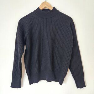 Vintage Moda Italian Black Ribbed Sweater Wool‎ 90s High Neck Minimalist Large